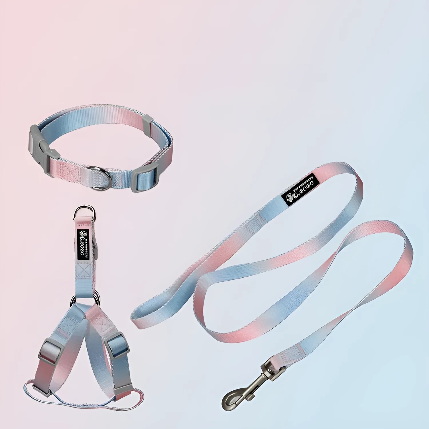 Gradient colour nylon dog leash set with matching collar and chest harness in pink blue pattern