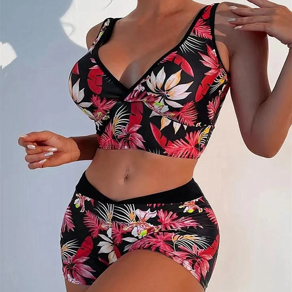 Women's two-piece swimsuit set showing sleeveless top and printed boxer-style briefs in a choice of colours.