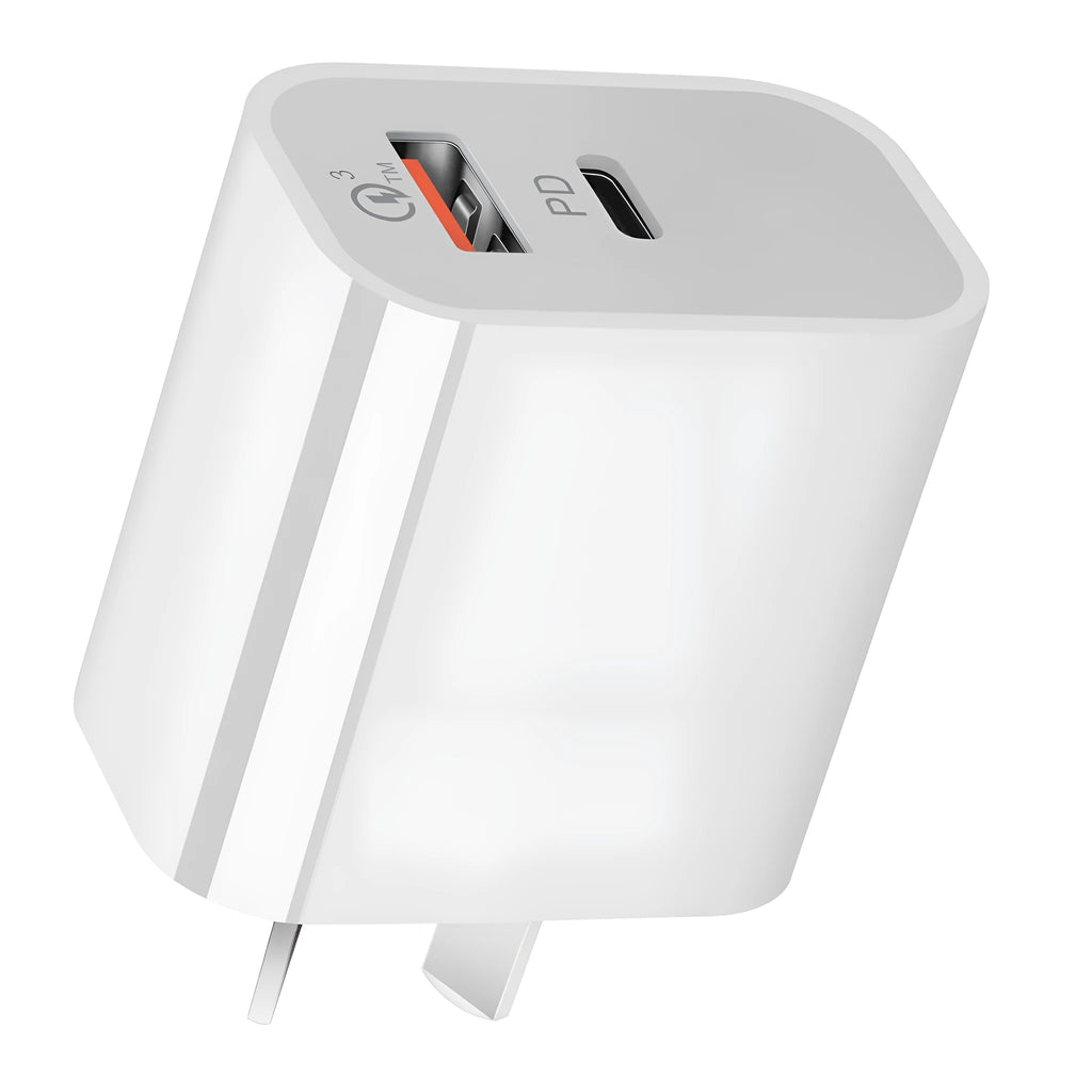 White Australian dual-port USB wall charger with USB-A and USB-C ports showing 63mm width