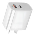 White Australian dual-port USB wall charger with USB-A and USB-C ports showing 63mm width