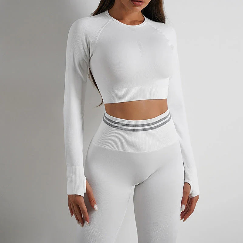 Comfortable and stylish workout wear including seamless leggings and long sleeve tops in a variety of colors