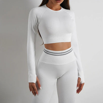 Comfortable and stylish workout wear including seamless leggings and long sleeve tops in a variety of colors