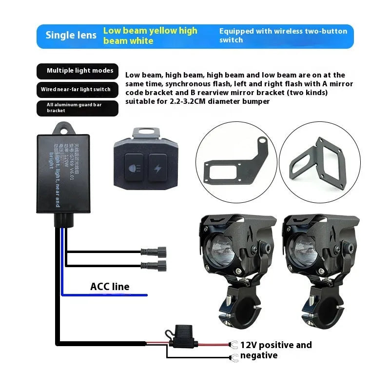 Pair of LED motorcycle spotlights with brackets and wire group for vehicle modification