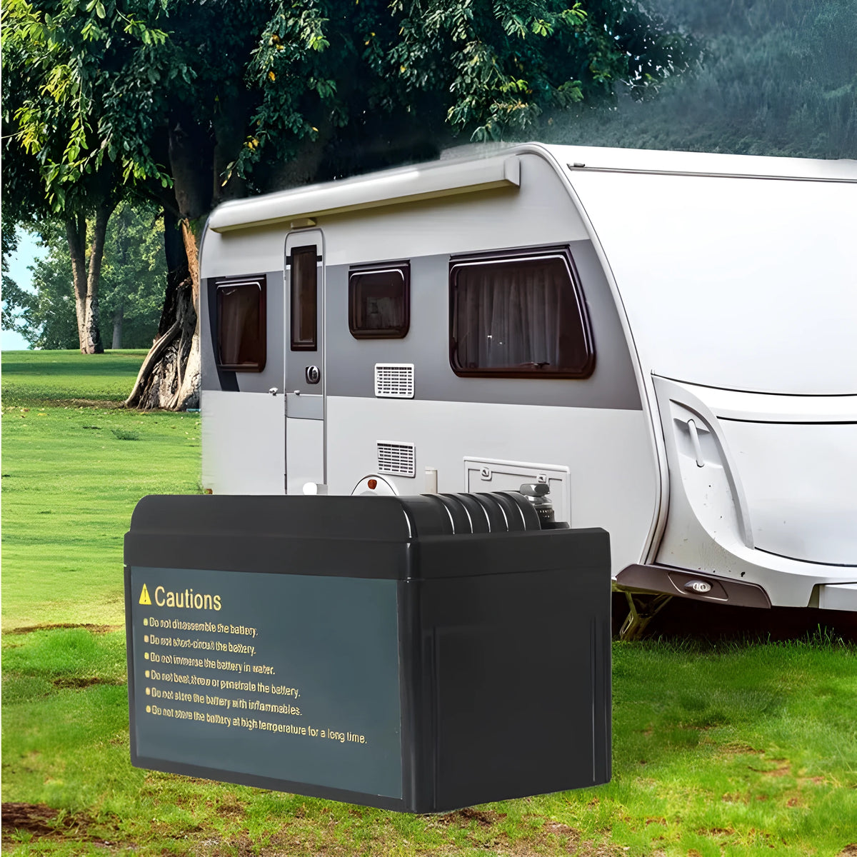 Black 12V 100Ah lithium iron phosphate LiFePO4 battery for deep cycle power storage.