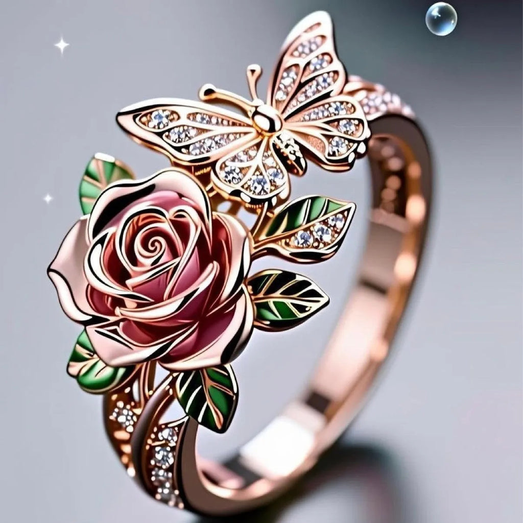 Adjustable alloy fairy style ring with butterfly design and colourful oil drip finish