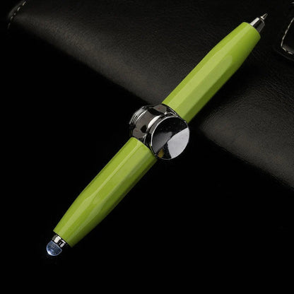 A metal ballpoint pen with a gyro spinner mechanism and LED light, offering a unique spinning and writing experience for office, school, and personal use.