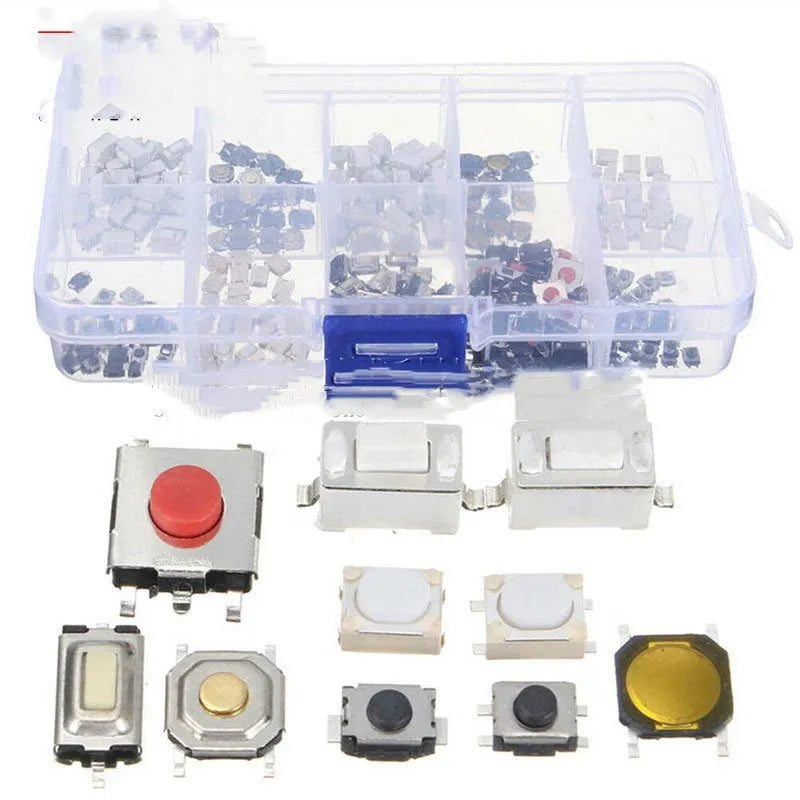 Box containing 250 industrial SMT touch switch buttons for circuit board assembly