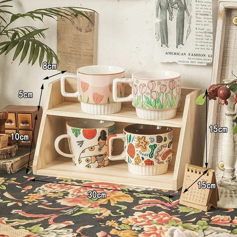 Solid wood multi-layer cup storage box in wood tone, with three layers for organising mugs and cups.