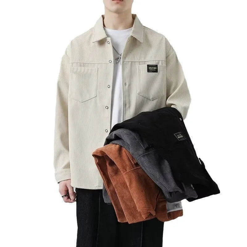 Men's long-sleeved corduroy jacket in cardigan style shown in khaki colour.