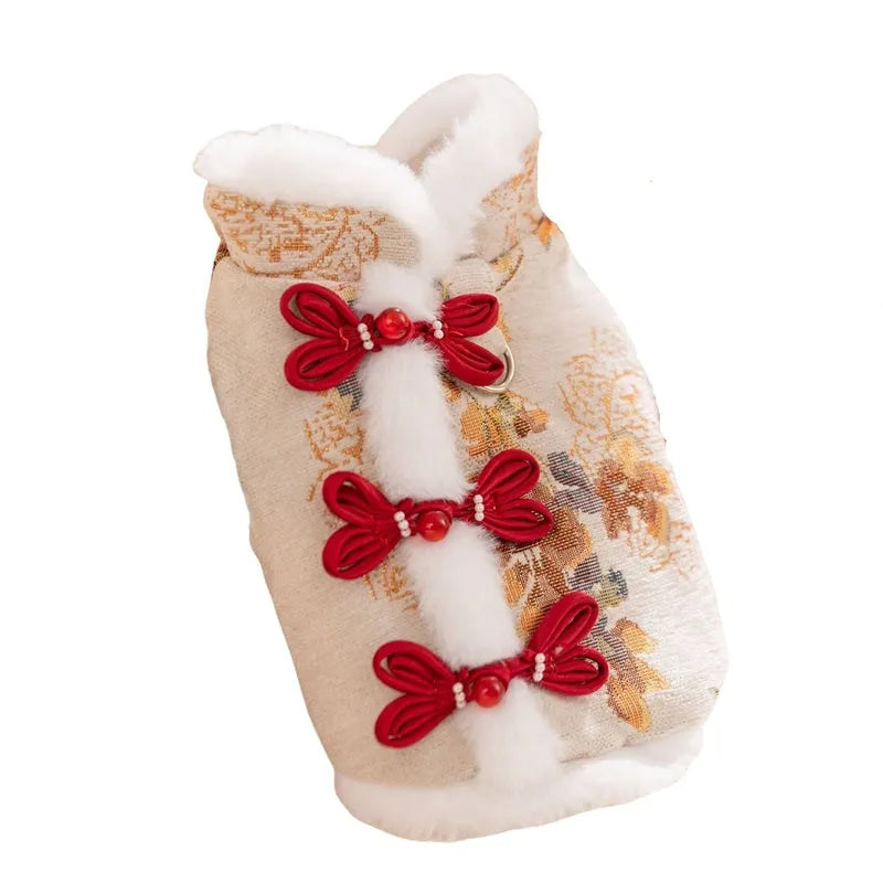 Small dog wearing red and gold brocade Tang suit with frog knot and white fluffy trim for Lunar New Year