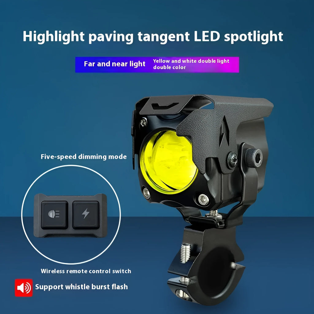 Pair of LED motorcycle spotlights with brackets and wire group for vehicle modification