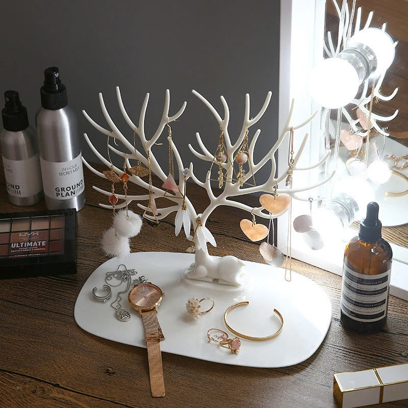 Deer antler jewelry stand in white and black, organising earrings and necklaces