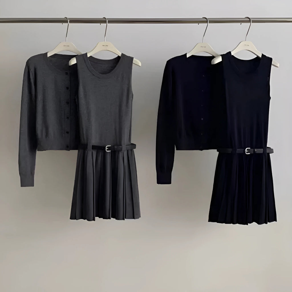 Women's grey art retro knitted vest skirt and long-sleeved cardigan two-piece set with belt.