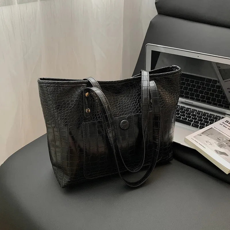 Retro large capacity single-shoulder handbag in soft PU with stitching details, available in black, tan, brown, coffee colours