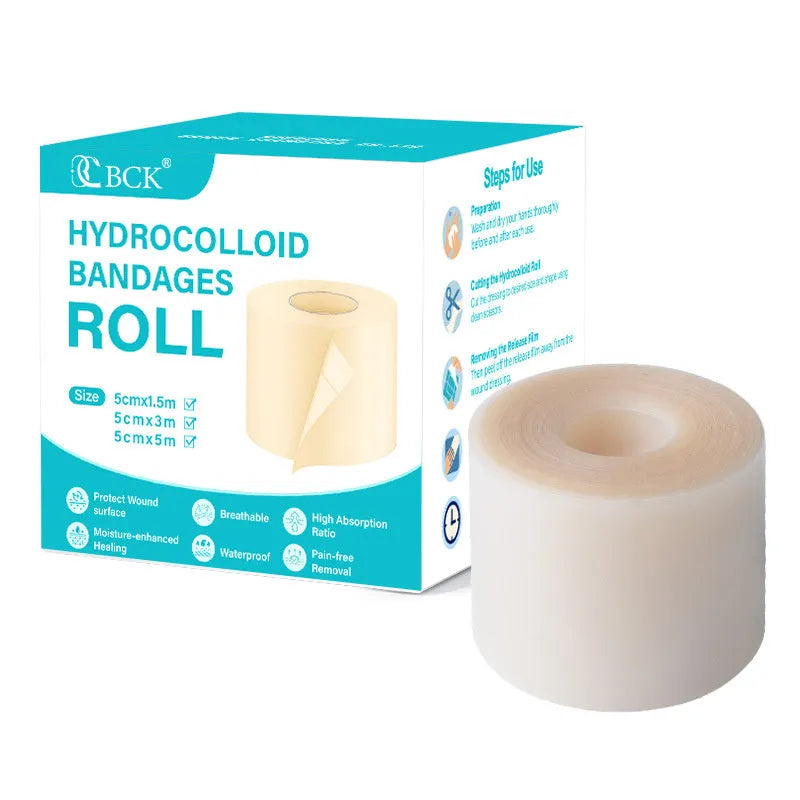 Hydrocolloid dressing roll 5cm width in frameless box for absorbent wound care and wet healing.