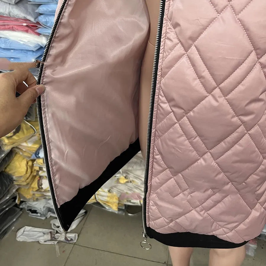 Women's pink hooded polyester coat with regular long sleeves showing front view