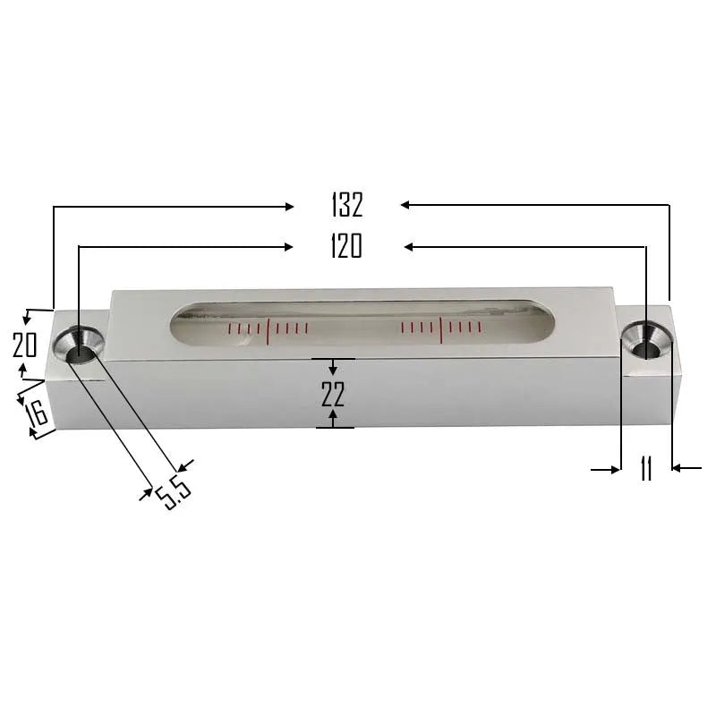 Close-up of a small metal and glass mini strip level showing bubble vials.