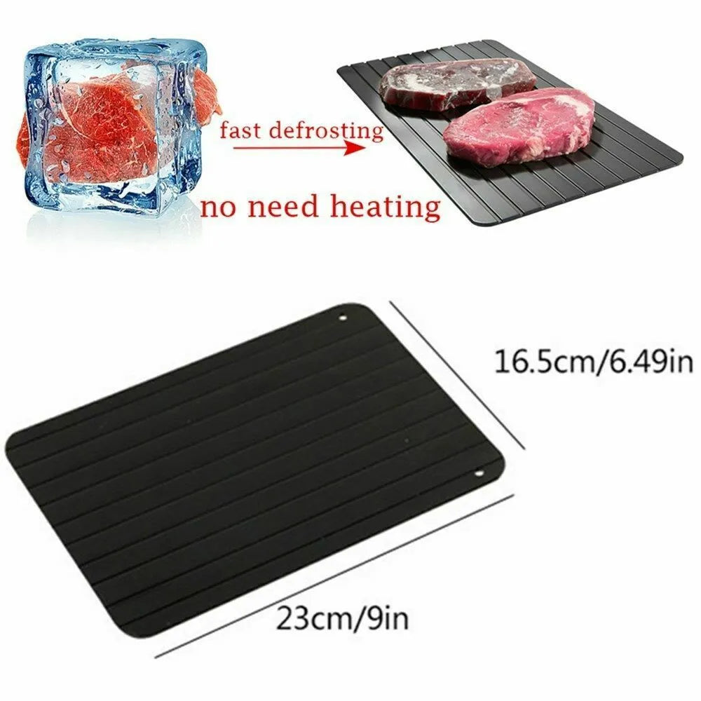 Black aluminium fast defrost tray for thawing frozen meat and food quickly without electricity.