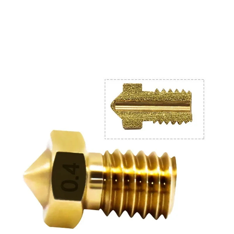 E3D style brass 3D printer nozzle with M6 thread showing multiple aperture size options