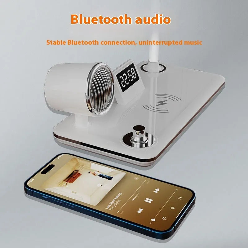 White intelligent bedside lamp with digital clock display and wireless charging surface.
