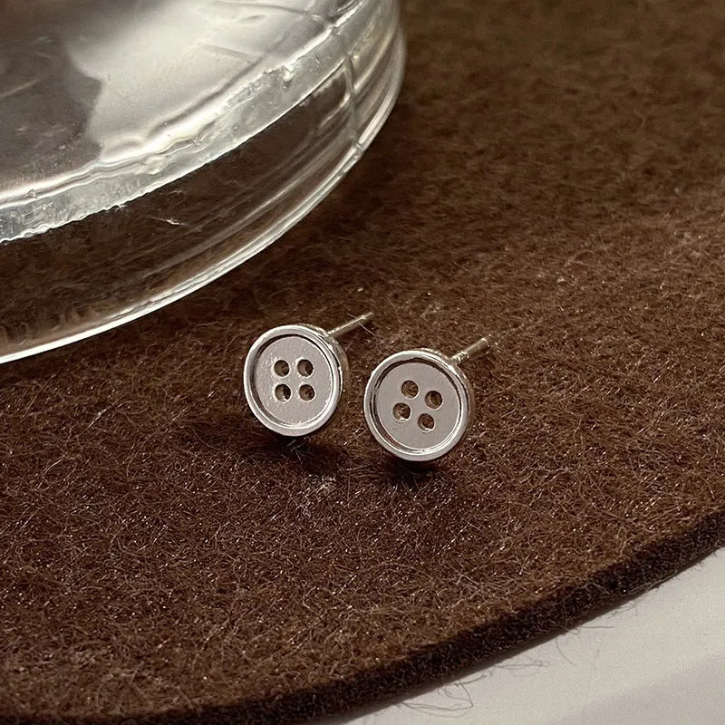 Geometric gold plated silver needle button stud earrings for women simple compact Japan Korea style