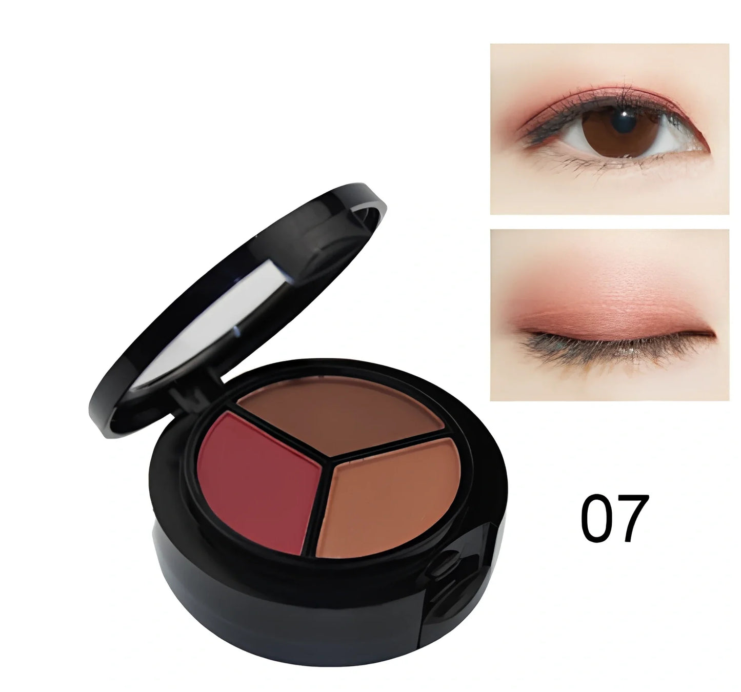 Three-colour eyeshadow palette 5cm diameter with mirror and brush, 0.022kg weight in OPP bag