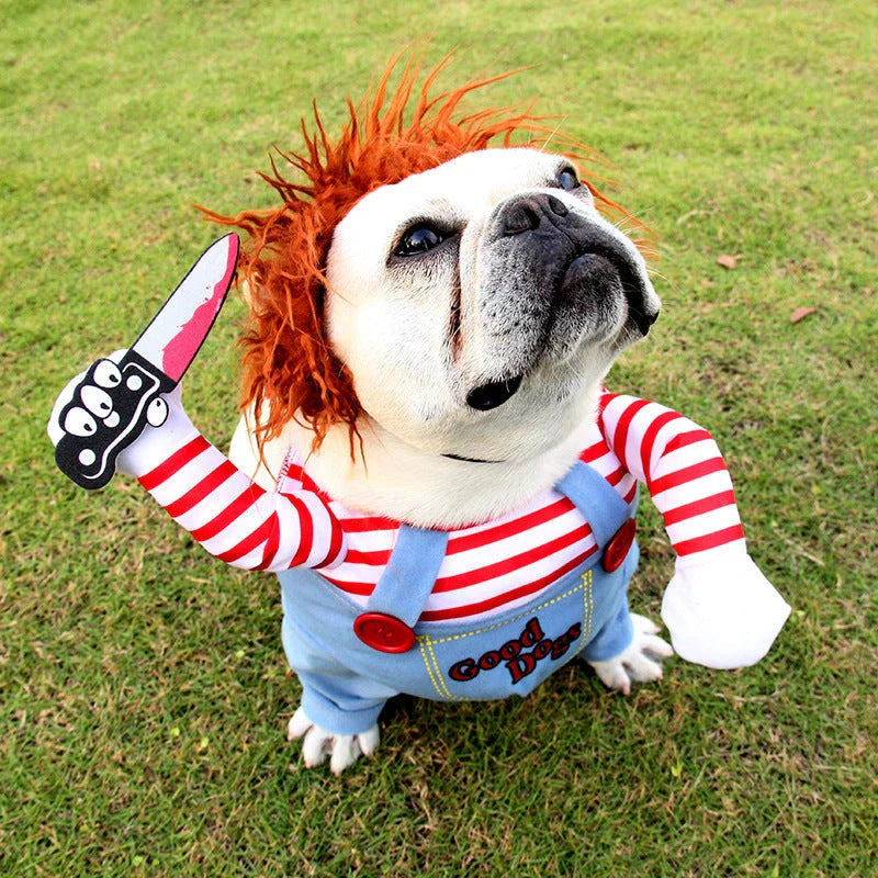 Adjustable polyester pet Halloween costume with wig and foam knife accessories for dogs