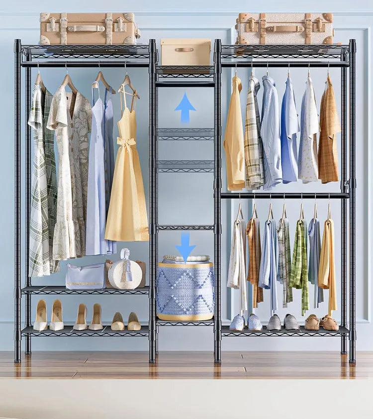 Black metal clothing storage rack measuring 175cm high with hangers and trousers organised