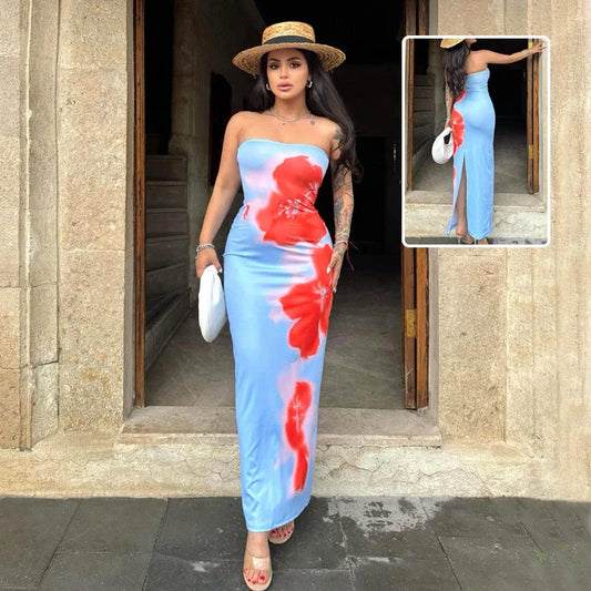 Chic slit maxi dress in various vibrant colors, featuring a high-waisted silhouette and flirty slit detail for a flattering and stylish summer look.