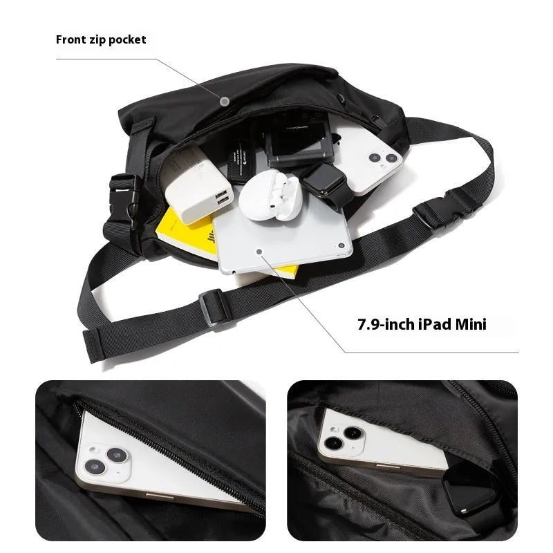 Black men's slanted chest bag with 8-inch Oxford fabric construction and sewing line detail
