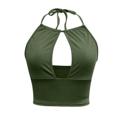 Women's summer halter vest with hollow design in green, black, and khaki