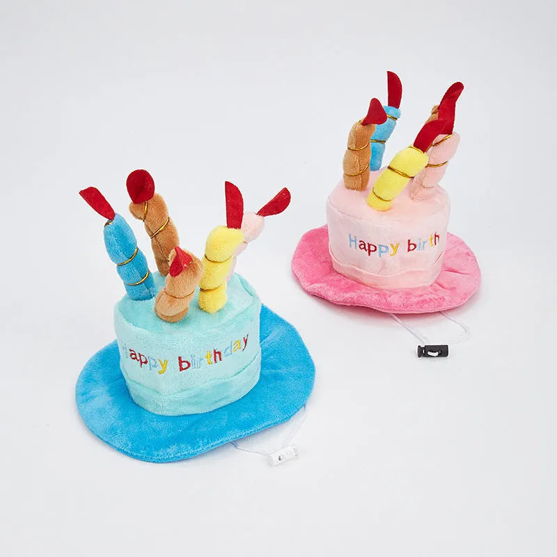 Blue or pink soft fabric birthday hat for toy dogs measuring 21cm wide