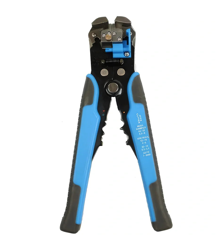 Yellow 3-in-1 automatic wire stripper crimper cutter tool, 21cm long, for 10-24 AWG wires with adjustment screw