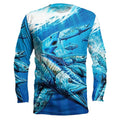 Men's grey pullover with a printed fish design on the front, showing round neck and long sleeves.