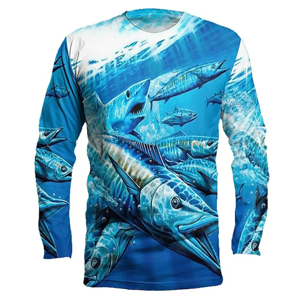 Men's grey pullover with a printed fish design on the front, showing round neck and long sleeves.