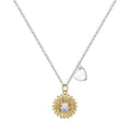 925 sterling silver sunflower necklace with daisy petal details on an adjustable cross chain.
