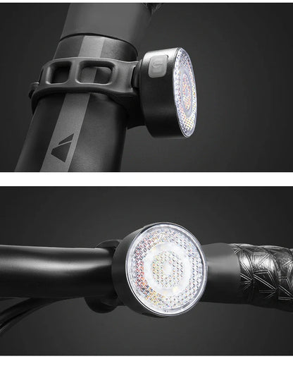 Bicycle LED headlight with clip attachment showing lens reflectors and USB port for charging