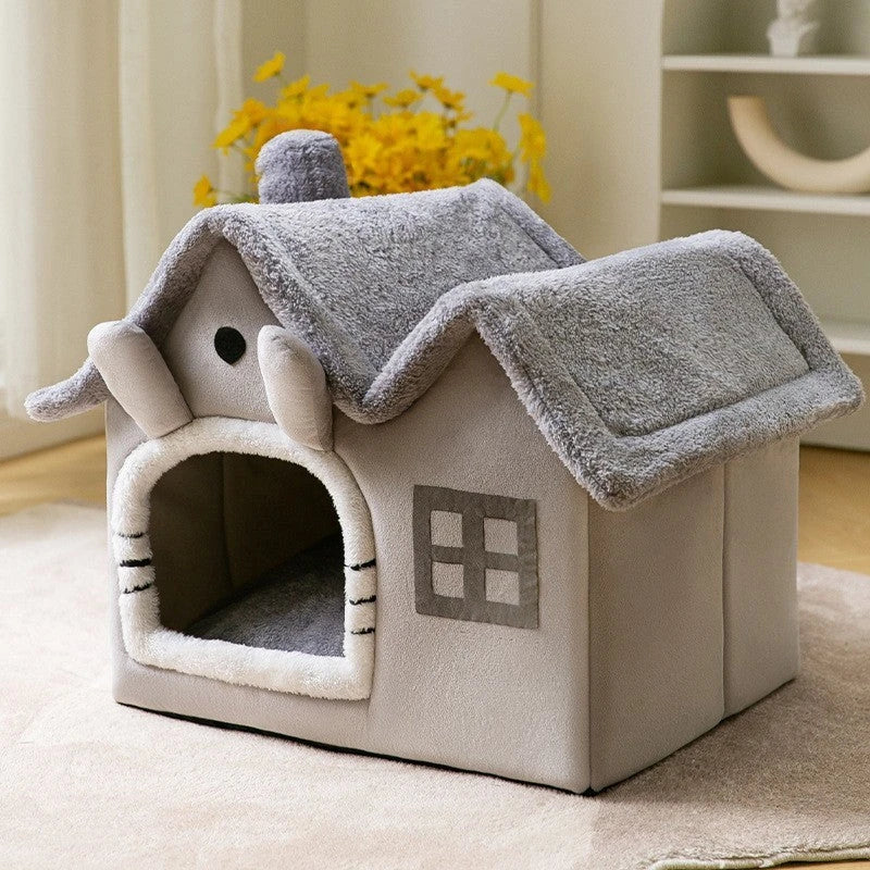 Cozy Pet Cave: Foldable plush dog house with warm removable cushion in various color options