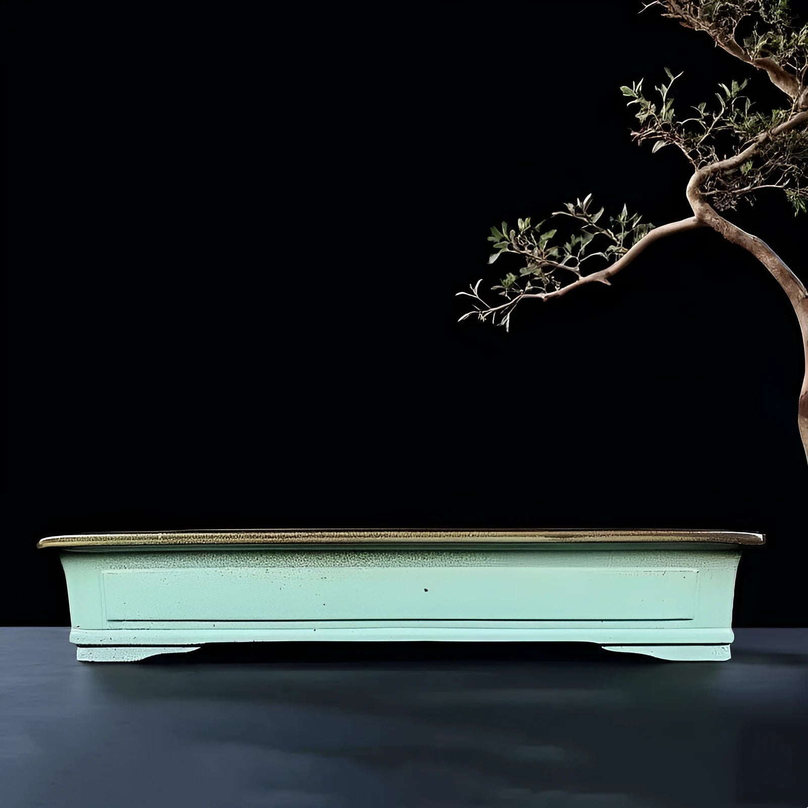 Green handmade ceramic bonsai flower pot with purple sand crackle glaze finish.