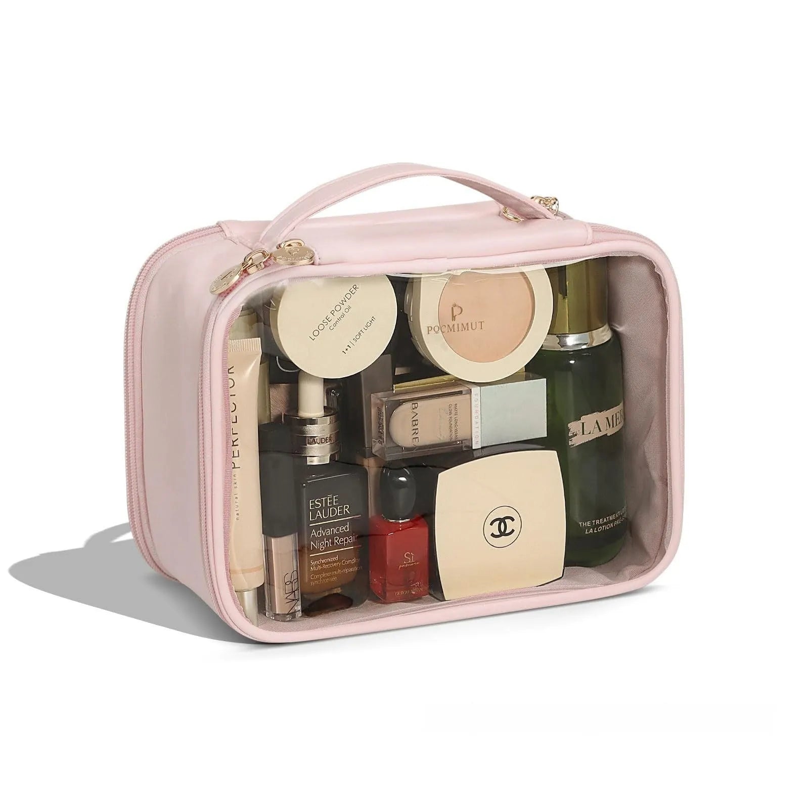 Clear PVC cosmetic bag with a zip open, showing a polyester lining and separate compartments.