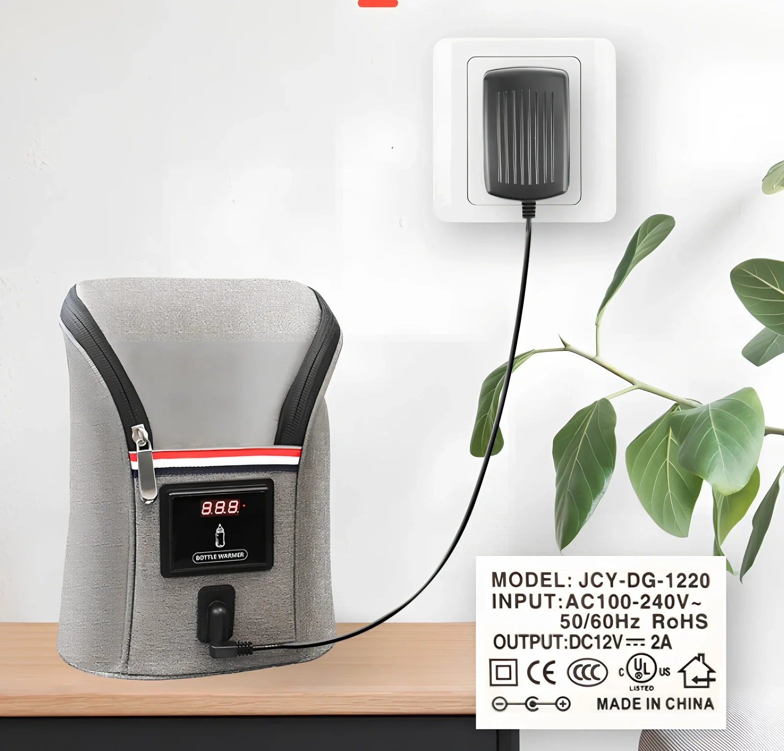 Grey portable baby bottle warmer with electronic display and car charger for 12V vehicle use