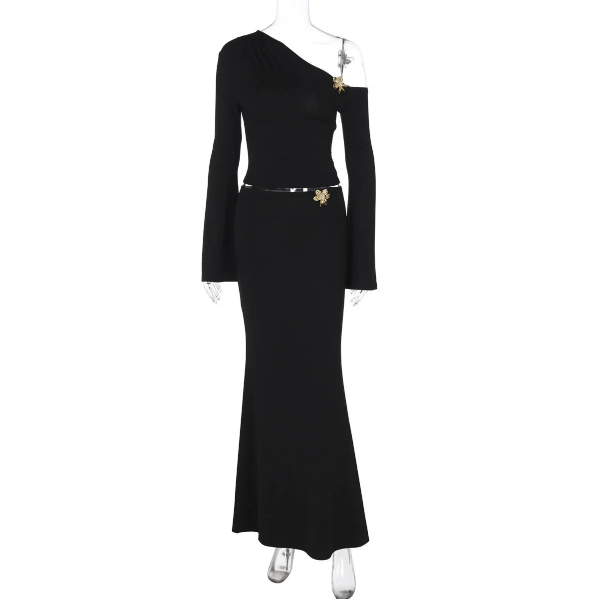 Oblique shoulder skirt suit with floral bell sleeves and high waist skirt in black
