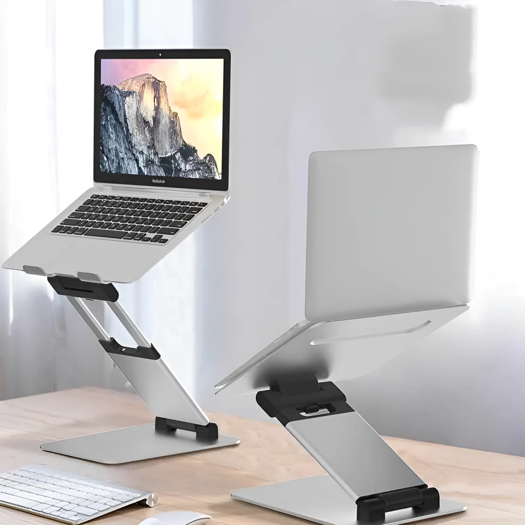 Silver folding double-arm stand for 17 inch notebook computer with aluminium alloy construction
