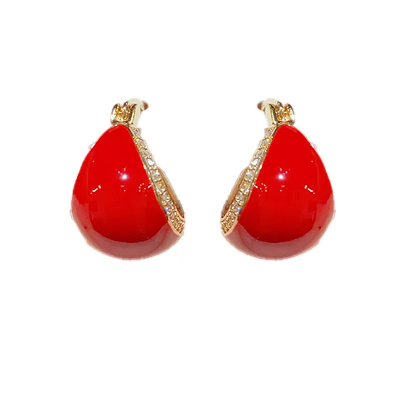 Retro micro-inlaid drip oil ear clip for women copper thick real gold plating geometric shape red colour