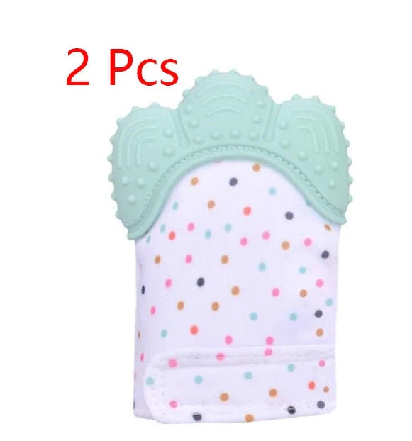 Baby silicone molar teething gloves in various colours with secure Velcro strap