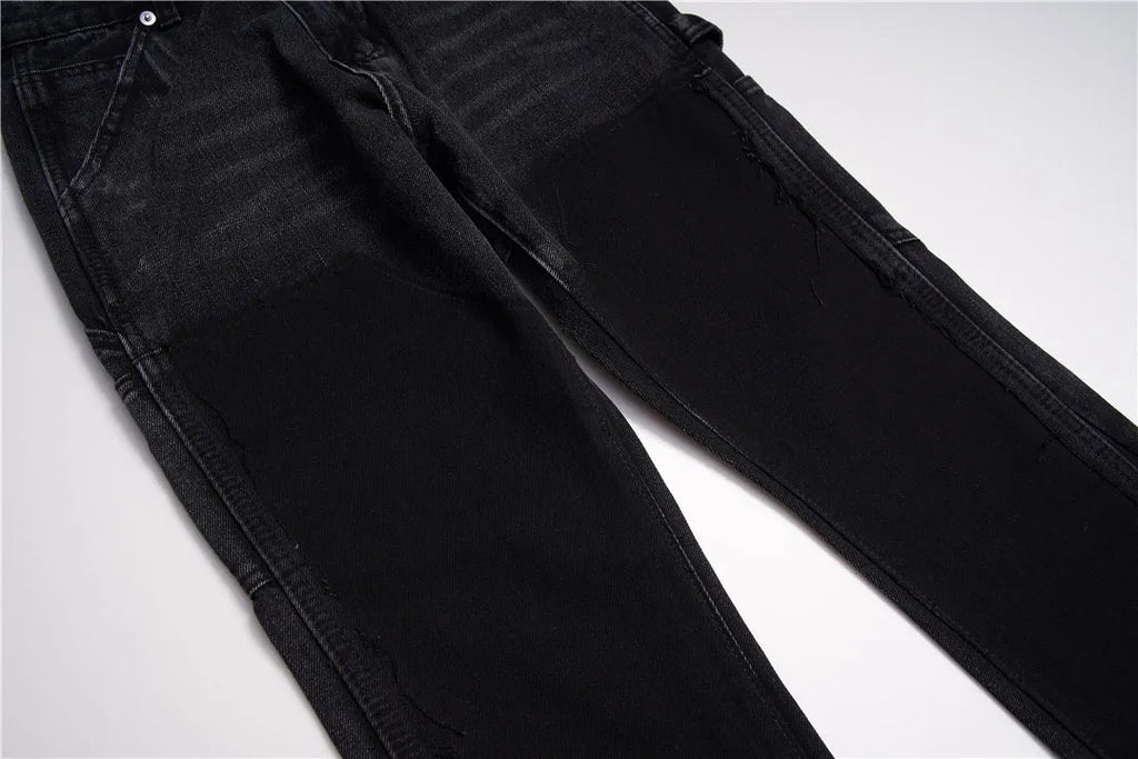 Black micro flared patchwork raw edge jeans for women, loose straight tube denim trousers