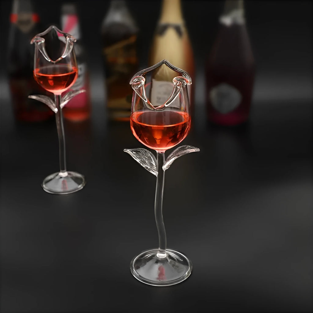 Fancy red wine goblet with rose flower shape and 100ml transparent glass on table