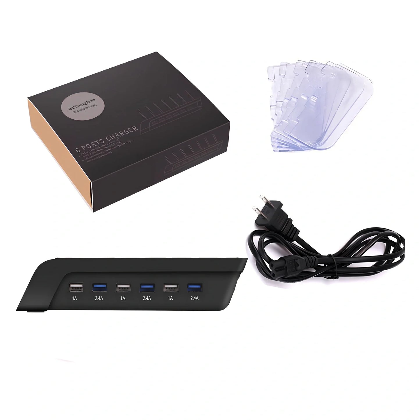 Six-port USB mobile phone charging stand with black finish showing six device slots and 150cm power cord