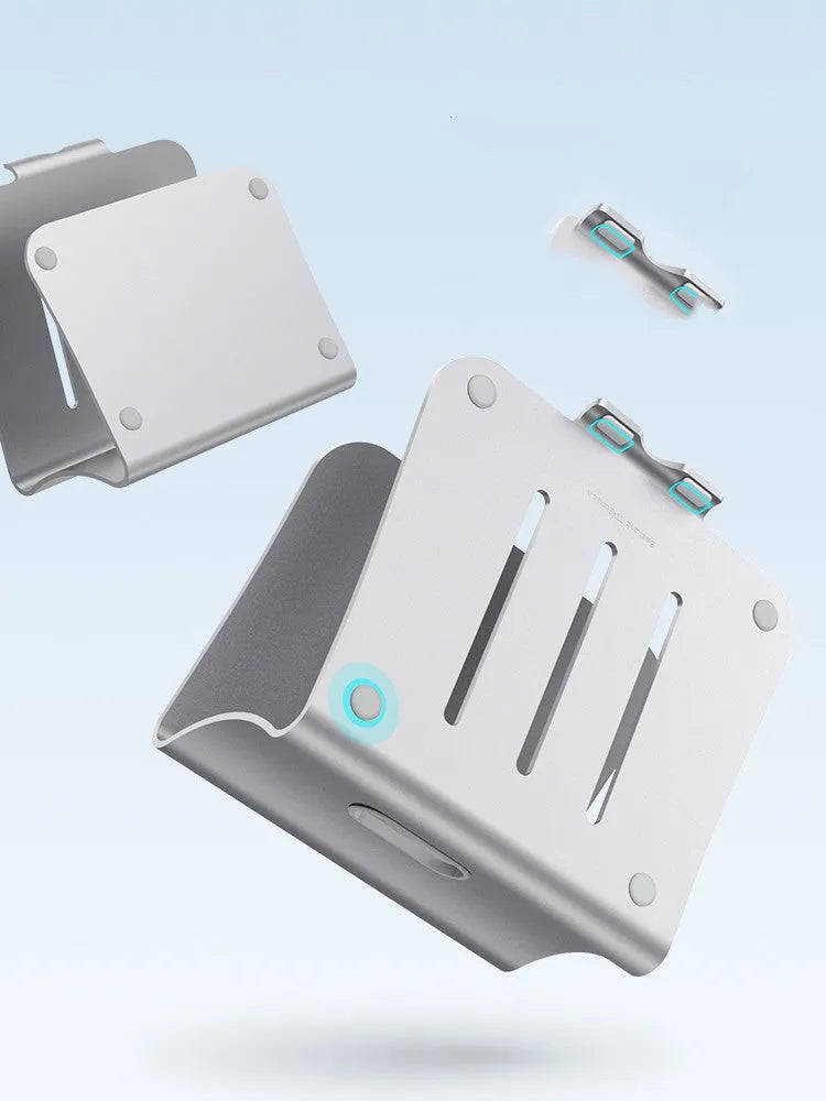 Aluminium alloy laptop cooling stand in silver and grey, showing 4.07mm thick rotary strip design.