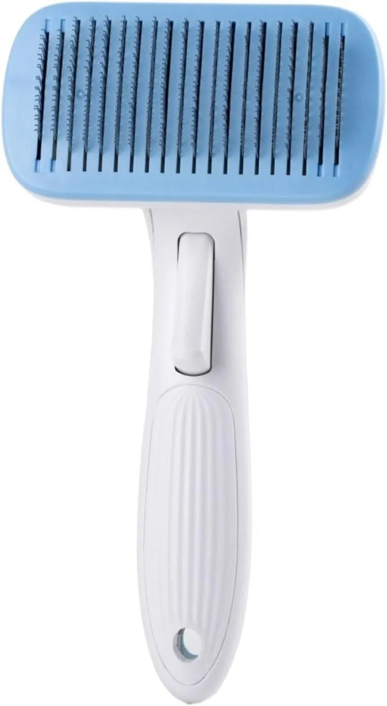 Blue automatic hair removal comb for dogs and cats on a white background